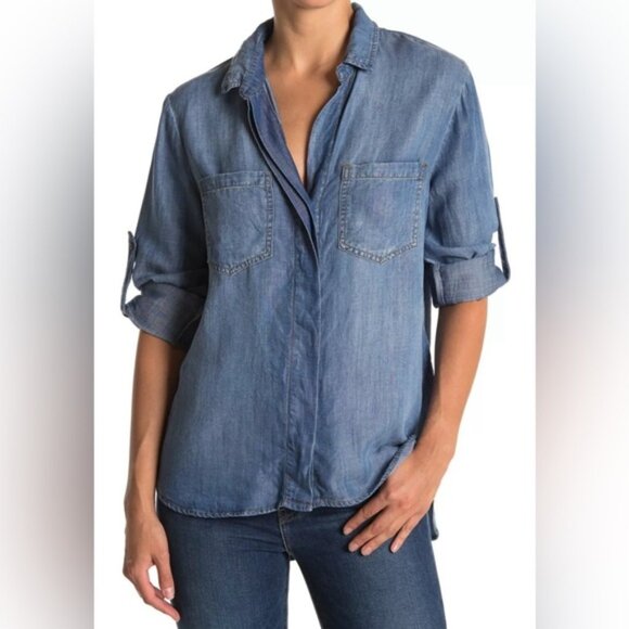 Anthropologie CLOTH & STONE Button Down Shirt SPLIT BACK Hi Lo Roll‎ Tab Size XS - Picture 1 of 13